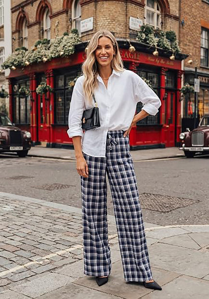 GRAPENT Women's High Waisted Wide Leg Plaid Pants | Tartan Pattern, Elastic Waist Drawstring, Pockets, Relaxed Fit, Casual Daily Fall Outfits