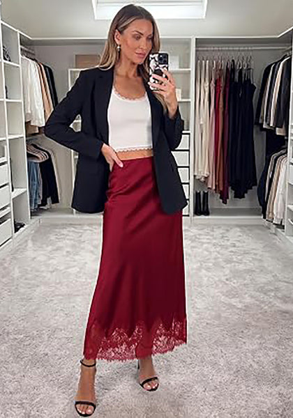 Red Women's Satin Maxi Skirt — Silky Bias Cut Long Slip Skirt with Easy Pull On Elastic Waistband & Lace Trim Hem