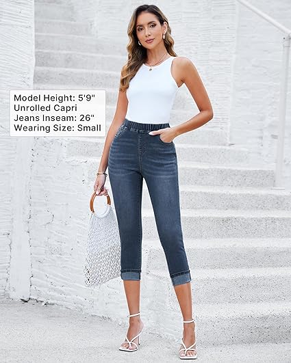 Vintage Dark Blue Women's High Waisted Elastic Slight Stretch Denim Pull On Cuffed Hem Capri Jeans Denim Pants