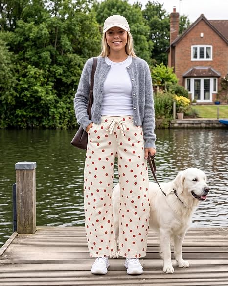 GRAPENT Women's High Rise Polka Dot Barrel Jeans | Stretch Denim, Elastic Drawstring Waist, 27" Inseam, Cropped, Dressy Casual Daily Wear