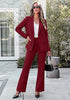 Wine Red Women's 2 Piece Blazer Pants Suit, Business Casual Long Sleeve Belted Double Breasted Blazer & Elastic High Waisted Flared Pants Set, Dressy Office Work Outfits