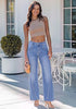 Modern Blue Women's Wide Leg High Waist Stretch Jeans Baggy Straight Leg Denim Pants,  29.5 Inch Inseam Angled Side Seam, Country Concert Western Style