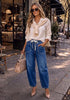 GRAPENT Women's High Waisted Barrel Jeans | Stretchy Denim, Elastic Drawstring Waist, 27.5