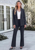 Charcoal Women's 2 Piece Blazer Pants Suit, Business Casual Long Sleeve Belted Double Breasted Blazer & Elastic High Waisted Flared Pants Set, Dressy Office Work Outfits