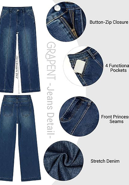 GRAPENT Women's High Waist Wide Leg Jeans | Stretchy Denim, Front Seam, 29.5" Inseam, 4 Pockets, Vintage Distressed, Country Concert Work Casual