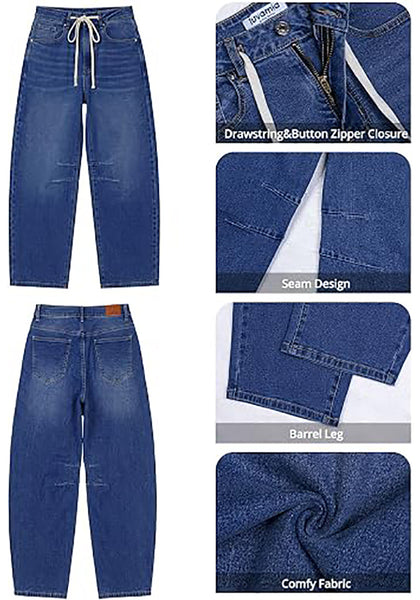 Darkness Blue Barrel Jeans for Women High Waisted Baggy Drawstring Wide Leg Denim Pants Stretchy Ankle Length 27.5 Inseam Casual Trendy