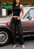 Washed Black Women's High Waisted Wide Leg Jeans by luvamia — Stretchy 90s Baggy Straight Denim, Raw Hem, Button Front, 29.5