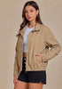 Khaki  Women's Funnel Neck Denim Jacket — Oversized Zip Up Jean Jacket with Drop Shoulder, Elastic Hem & Side Slant Pockets