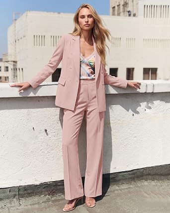 Peach Blush Women's 2 Piece Double Breasted Pantsuit — Double Breasted, Wide Leg & Structured Shoulders, Professional Dressy Pantsuit Set, Office Chic, 2026 Fall Fashion