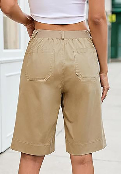 LookbookStore Women's Khaki High Waisted Knee Length Bermuda Shorts Casual Dressy Chino Shorts with Elastic Waist and Patch Pockets