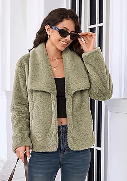 Bean Green Wide Lapel Faux Fur Coat for Women — Oversized Dropped Shoulder Jacket with Side Pockets & Snap Buttons