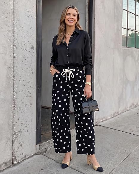 GRAPENT Women's High Rise Polka Dot Barrel Jeans | Stretch Denim, Elastic Drawstring Waist, 27" Inseam, Cropped, Dressy Casual Daily Wear
