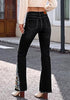 Washed Black Women's Floral Embroidery Flare Jeans — High Waisted Stretchy Bootcut Denim with Raw Frayed Hem & Retro Distressed Wash