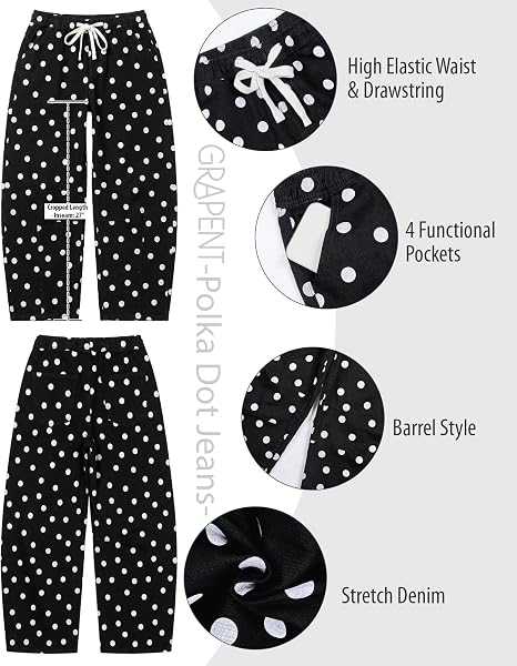 GRAPENT Women's High Rise Polka Dot Barrel Jeans | Stretch Denim, Elastic Drawstring Waist, 27" Inseam, Cropped, Dressy Casual Daily Wear