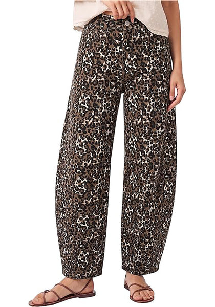 Bleached Sand Leopard Women's Trendy Leopard Barrel Jeans — High Waisted Baggy Wide Leg Stretchy Denim Pants with Front Seam & Ankle Length