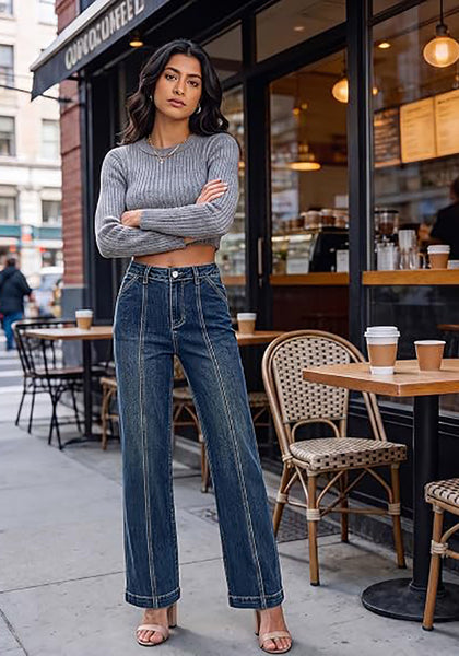 GRAPENT Women's High Waist Wide Leg Jeans | Stretchy Denim, Front Seam, 29.5" Inseam, 4 Pockets, Vintage Distressed, Country Concert Work Casual
