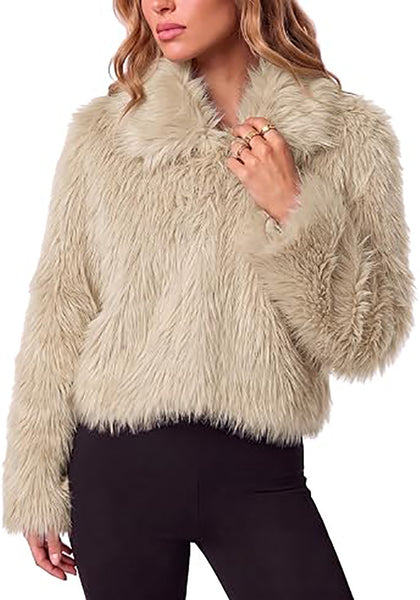Apricot  Women's Solid Color Shaggy Faux Fur Jacket — Cropped Long Pile Coat with Lapel Collar, Hook Closure & Drop Shoulder