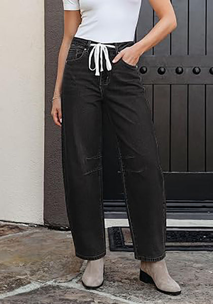 Washed Black Barrel Jeans for Women High Waisted Baggy Drawstring Wide Leg Denim Pants Stretchy Ankle Length 27.5 Inseam Casual Trendy