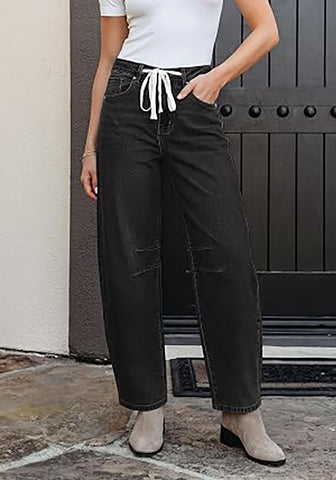 Washed Black Barrel Jeans for Women High Waisted Baggy Drawstring Wide Leg Denim Pants Stretchy Ankle Length 27.5 Inseam Casual Trendy