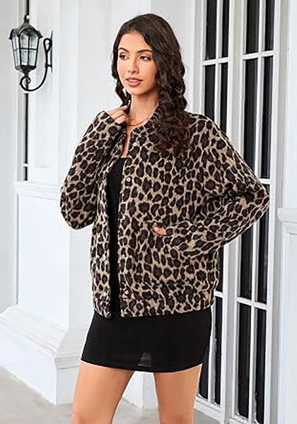 Safari Leopard Women's Leopard Print Bomber Jacket — Oversized Brushed Wool Blend Cheetah Jacket with Stand Collar, Snap Buttons & Elastic Hem