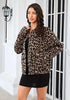 Safari Leopard Women's Leopard Print Bomber Jacket — Oversized Brushed Wool Blend Cheetah Jacket with Stand Collar, Snap Buttons & Elastic Hem