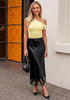 Black Women's Satin Maxi Skirt — Silky Bias Cut Long Slip Skirt with Easy Pull On Elastic Waistband & Lace Trim Hem
