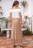 Tan Women's Satin Maxi Skirt — Silky Bias Cut Long Slip Skirt with Easy Pull On Elastic Waistband & Lace Trim Hem