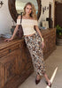 Cashew Cheetah  Women's Leopard Print Satin Maxi Skirt — High Waisted Bias Cut A Line Slip Skirt with Stretchy Elastic Waistband