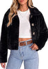 Black Women's Cropped Fluffy Faux Fur Coat — Oversized Lapel Jacket with Button Down Closure & Warm Lining