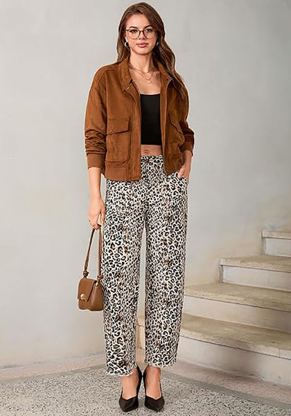 GRAPENT Women's High Rise Leopard Barrel Jeans | Leopard Print Denim, Adjustable Cinched Waist, Frayed Hem, 28" Inseam, Country Concert Casual Work Wear