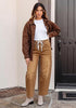 Golden Brown Barrel Jeans for Women High Waisted Baggy Drawstring Wide Leg Denim Pants Stretchy Ankle Length 27.5 Inseam Casual Trendy