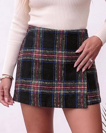 Multi Black Women's Plaid Skort High Waist Faux Wrap Mini Skirt with Side Zipper, Elastic Back & Built-in Shorts