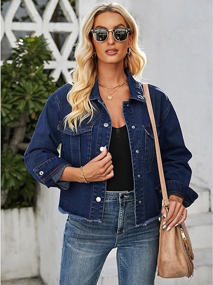 Nightfall Blue Women's Denim Collared Jacket With Flap Pocket Button UP Raw Hem Detail Long Sleeve Jean Jackets