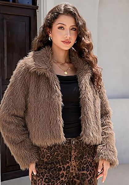 Coffee Brown Women's Solid Color Shaggy Faux Fur Jacket — Cropped Long Pile Coat with Lapel Collar, Hook Closure & Drop Shoulder