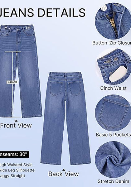 GRAPENT Women's High Rise Wide Leg Jeans | Stretchy Denim, Adjustable Cinch Waist, 30" Inseam, 90s Baggy Straight, Everyday Dressy Casual
