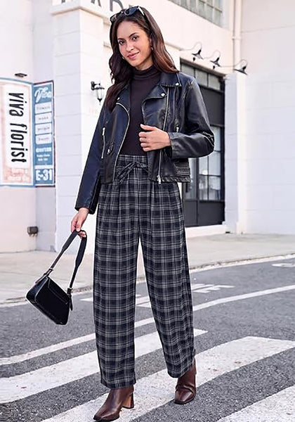 GRAPENT Women's High Waisted Plaid Barrel Pants | Tapered Wide Leg, Elastic Drawstring Waist, Front Pockets, Work Office Casual Fall Outfits
