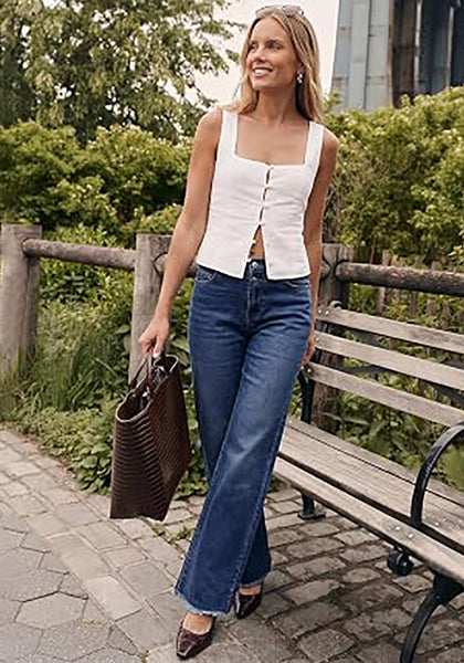 Darkness Blue Women's High Waisted Wide Leg Jeans by luvamia — Stretchy 90s Baggy Straight Denim, Raw Hem, Button Front, 29.5" Inseam, Casual Western Work Pants