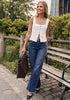 Darkness Blue Women's High Waisted Wide Leg Jeans by luvamia — Stretchy 90s Baggy Straight Denim, Raw Hem, Button Front, 29.5