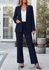 Navy Blue Women's 2 Piece Blazer Pants Suit, Business Casual Long Sleeve Belted Double Breasted Blazer & Elastic High Waisted Flared Pants Set, Dressy Office Work Outfits