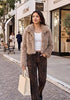 khaki Women's Solid Color Shaggy Faux Fur Jacket — Cropped Long Pile Coat with Lapel Collar, Hook Closure & Drop Shoulder