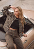 Sand Leopard Women's Leopard Print Bomber Jacket — Oversized Brushed Wool Blend Cheetah Jacket with Stand Collar, Snap Buttons & Elastic Hem