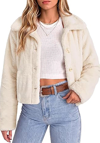 White Women's Cropped Fluffy Faux Fur Coat — Oversized Lapel Jacket with Button Down Closure & Warm Lining