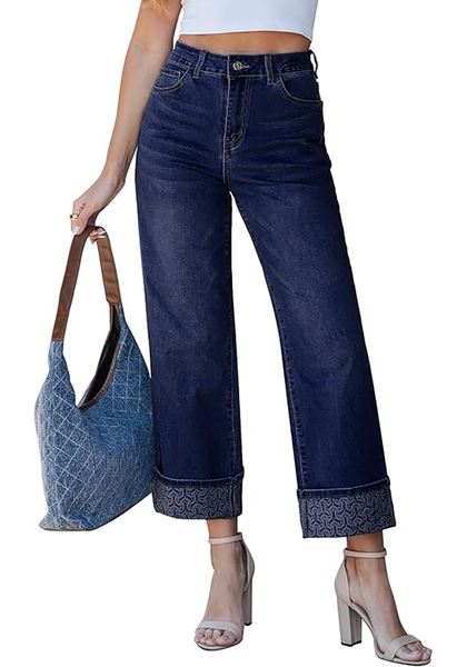 LookbookStore Women's Arrow Nightfall Blue High Waisted Cropped Wide Leg Jeans Trendy Printed Fold Hem Loose Straight Stretchy Denim Pants