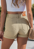 LookbookStore Khaki Women's High Waisted Stretch Denim Shorts with Patch Pockets Rolled Cuff Casual Summer Staple