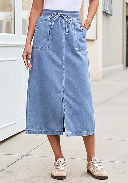 LookbookStore Women Lakeside Blue High Waist Jean Midi Skirt Elastic Drawstring Denim Long Skirt with Pockets Front Split Design