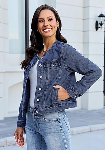 LookbookStore Women Nightfall Blue Denim Jacket Crew Neck Button Front Utility Pockets Relaxed Fit Casual Daily Wear Staple