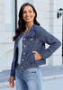 LookbookStore Women Nightfall Blue Denim Jacket Crew Neck Button Front Utility Pockets Relaxed Fit Casual Daily Wear Staple