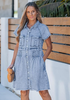 LookbookStore  Roadknight Blue Women's Short Sleeve Babydoll Denim Dress – Pleated Raw Hem Distressed Western Style with Pockets