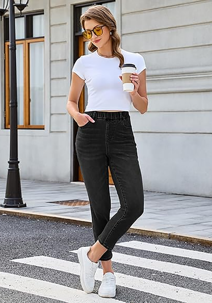 LookbookStore Washed Black Cropped Straight Leg Jeans for Women High Waisted Slim Fit Denim Pants with Pockets
