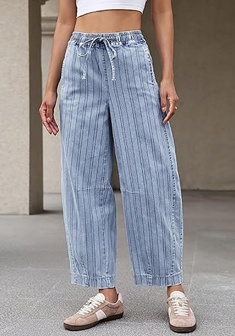 LookbookStore Women's Roadknight Blue Stripe Cropped Barrel Jeans High Waist Elastic Pull On Wide Leg Casual Stretch Denim Pants
